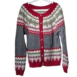 Islandic Fair Isle Gray Red Green Cream Faux Pearl Button Cardigan Womens Sz M